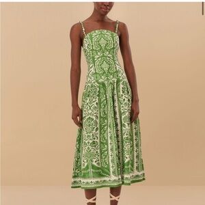 NWT FARM RIO GREEN DELICATE TAPESTRY EUROFLAX PREMIUM LINEN MIDI DRESS size L XL